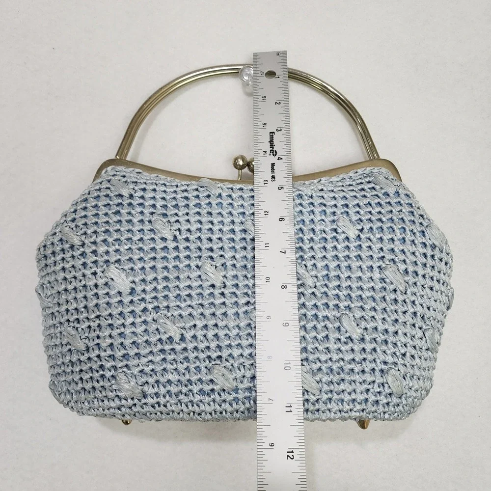 Vintage Gaymode Raffia Clutch Purse Womens Blue Woven Kiss Lock Inner Pocket